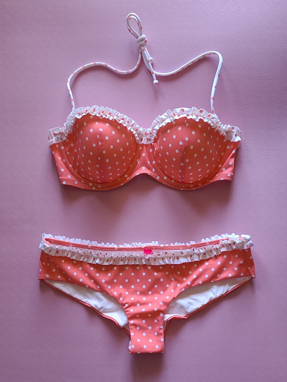 New Coral Polka Dot Ruffle Bikini Set